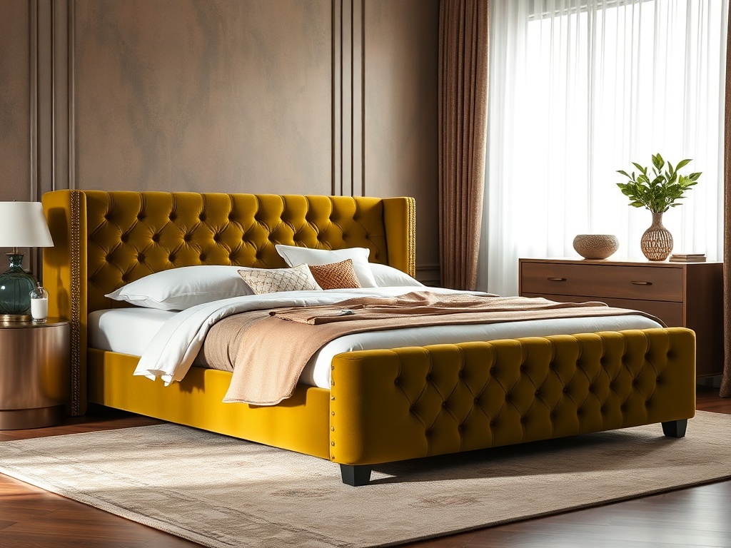 Bed - Premium Upholstered Olive Green Velvet
