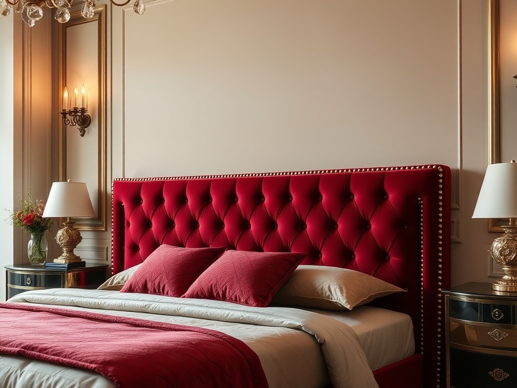 Bed - Luxury Upholstered Wine Red Nailhead Studs