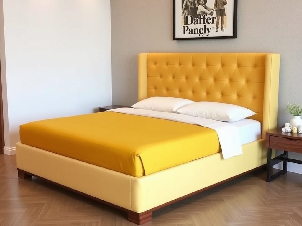 Bed - Premium Upholstered Mustard Yellow Linen