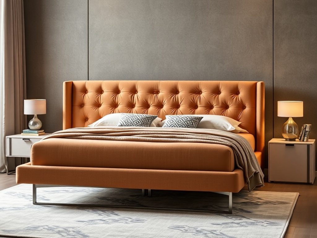 Bed - Contemporary Upholstered Taupe Geometric Tufted