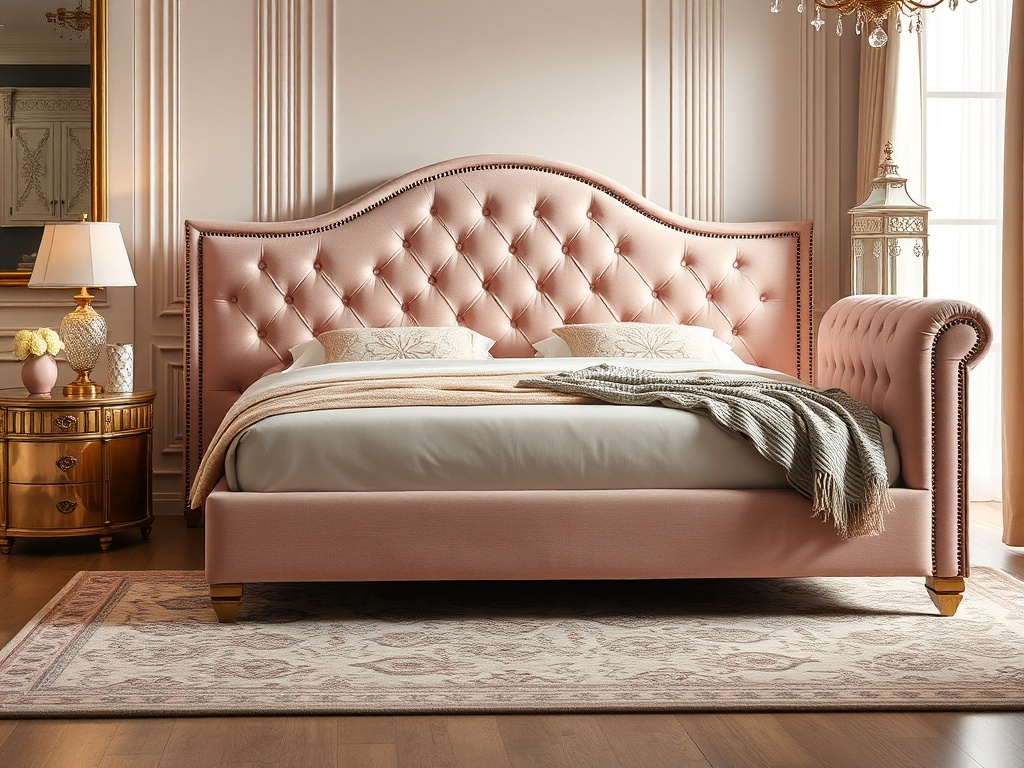 Bed - Luxury Upholstered Blush Pink Diamond Tufted