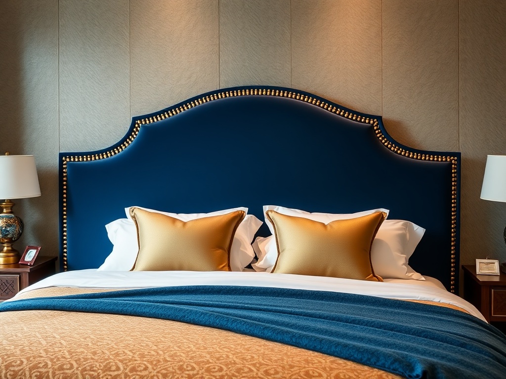 Bed - Luxury Upholstered Navy Velvet Gold Trim