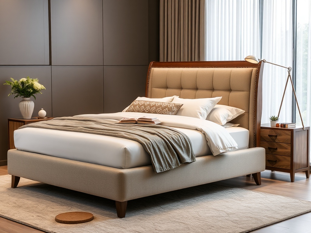 Bed - Premium Upholstered Taupe Linen Wingback