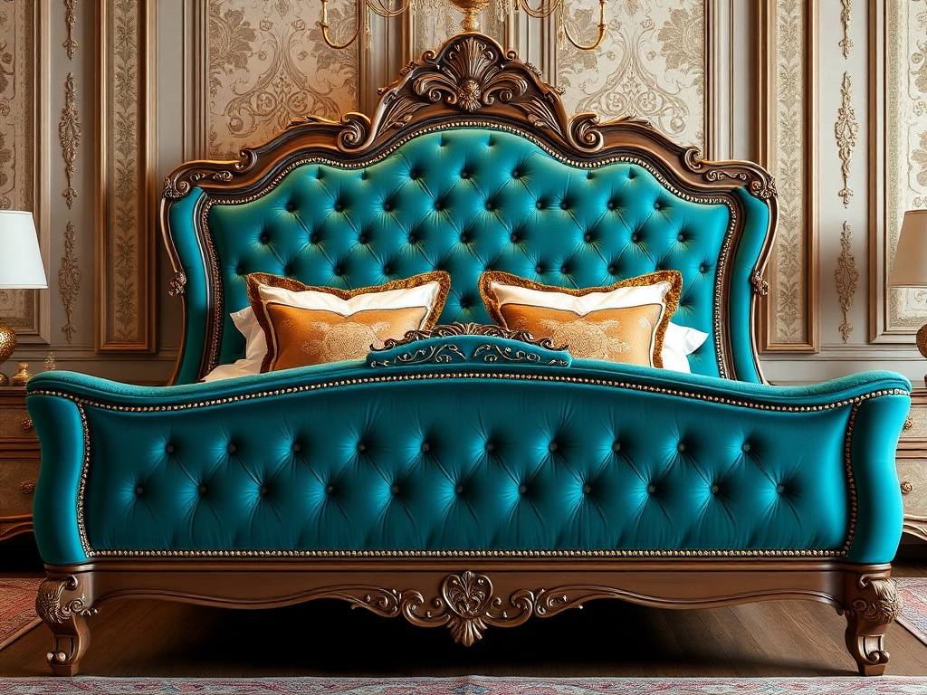 Bed - Luxury Upholstered Teal Velvet Ornate