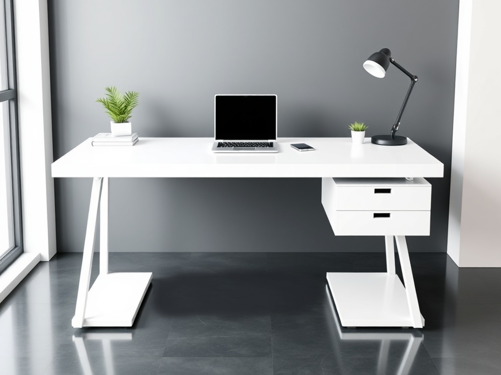 Office Desk - White Glass Top Modern