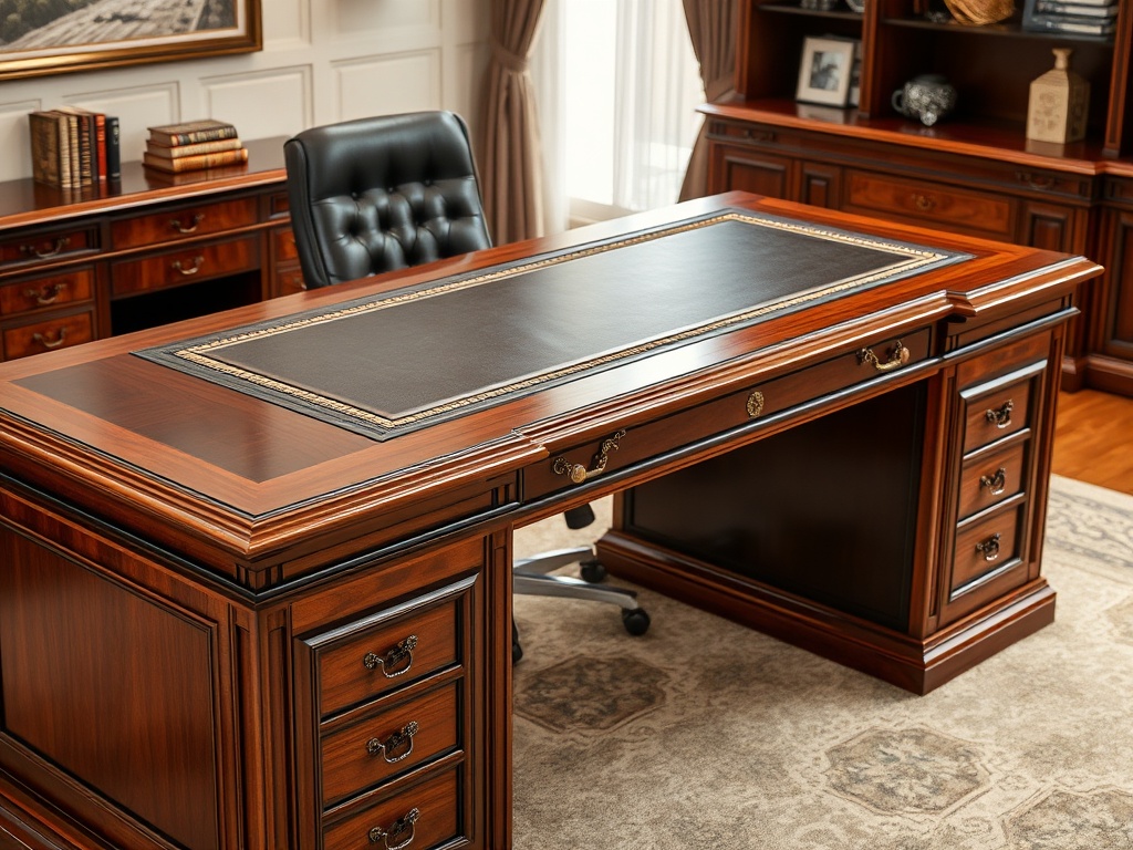 Office Desk - Executive Cherry Wood Leather