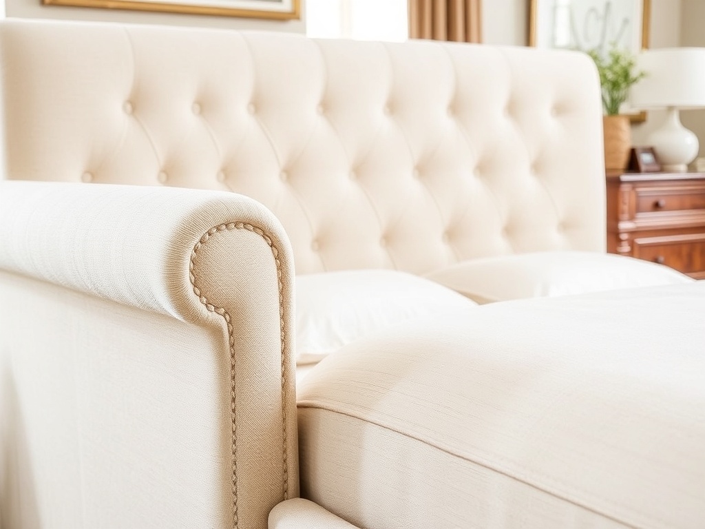 Bed - Rolled Arm Ivory Linen Transitional