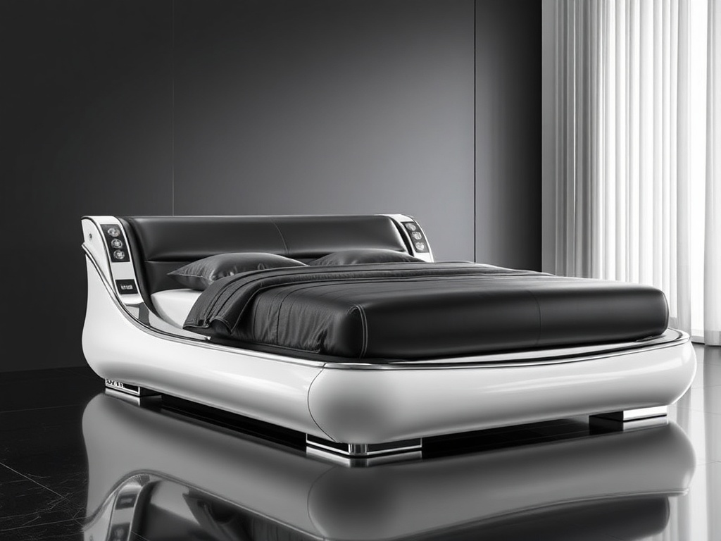 Bed - Chrome Black Leather Futuristic
