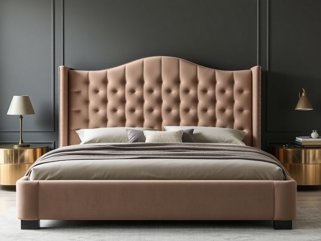 Bed - Suede Taupe Curved Luxury Headboard