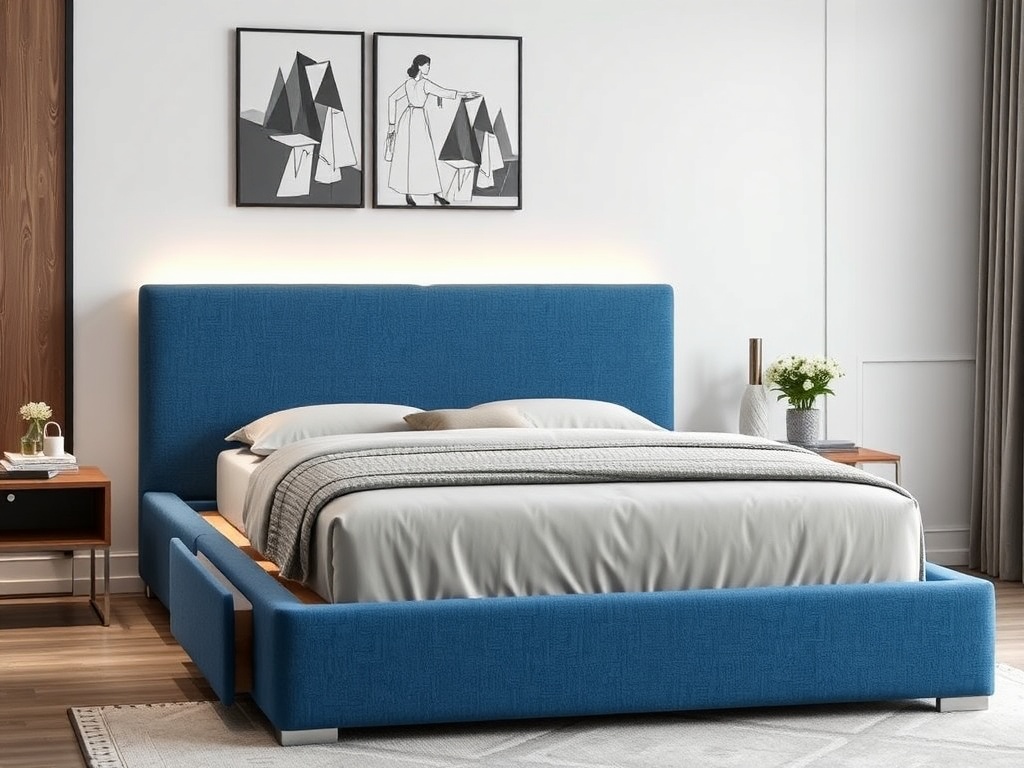 Bed - Storage Blue Fabric Functional