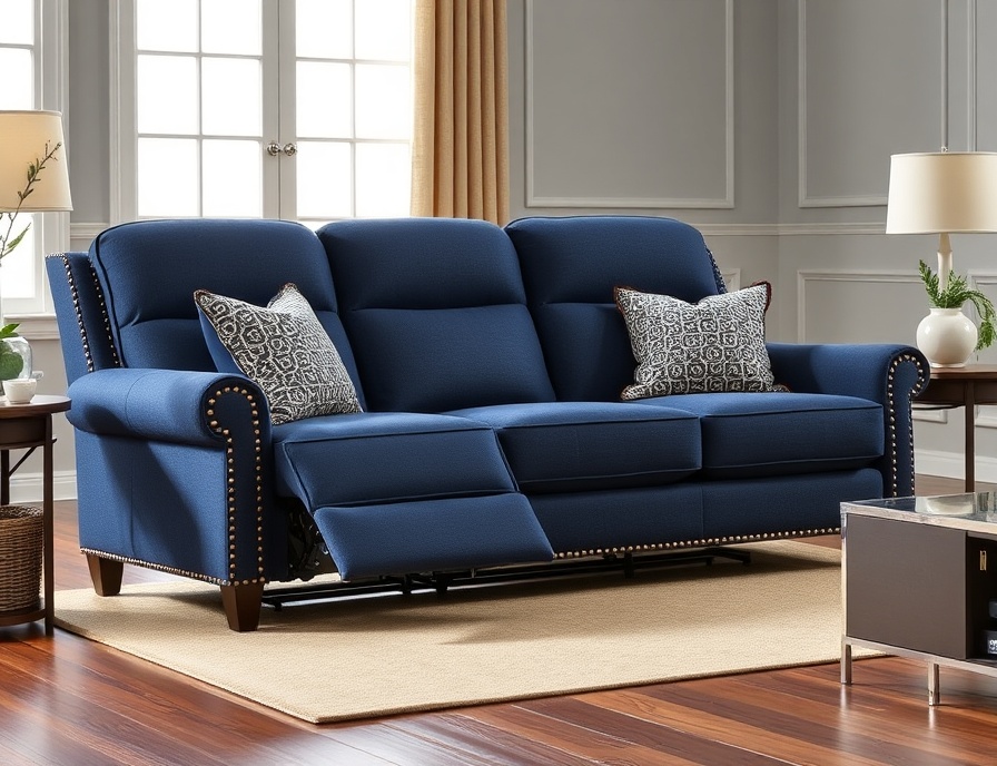 Recliner Sofa Set - Navy Fabric Nailhead