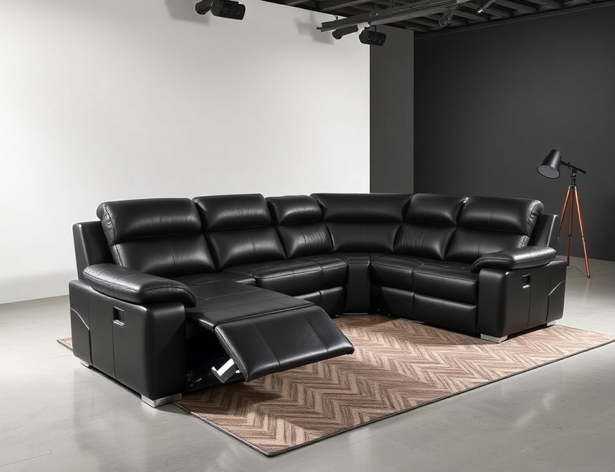 Recliner Sofa Set - Black Leather L-Shaped Power Storage