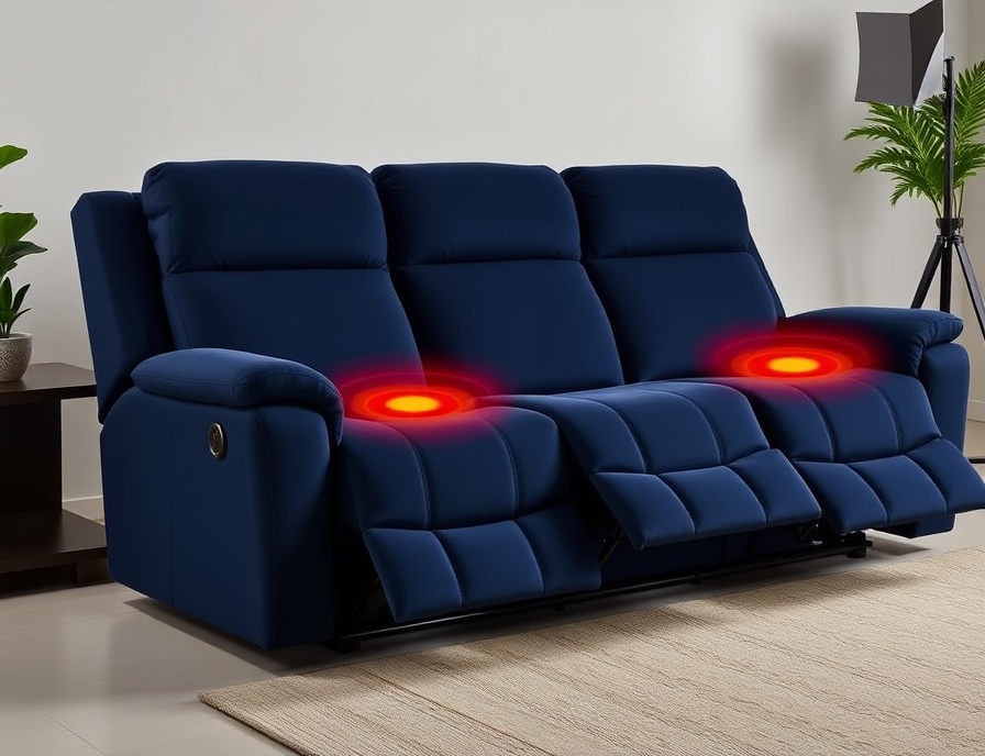 Recliner Sofa Set - Navy Microfiber Sectional Massage