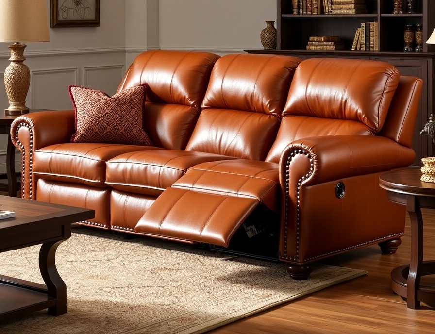 Recliner Sofa Set - Cognac Leather Manual Nailhead