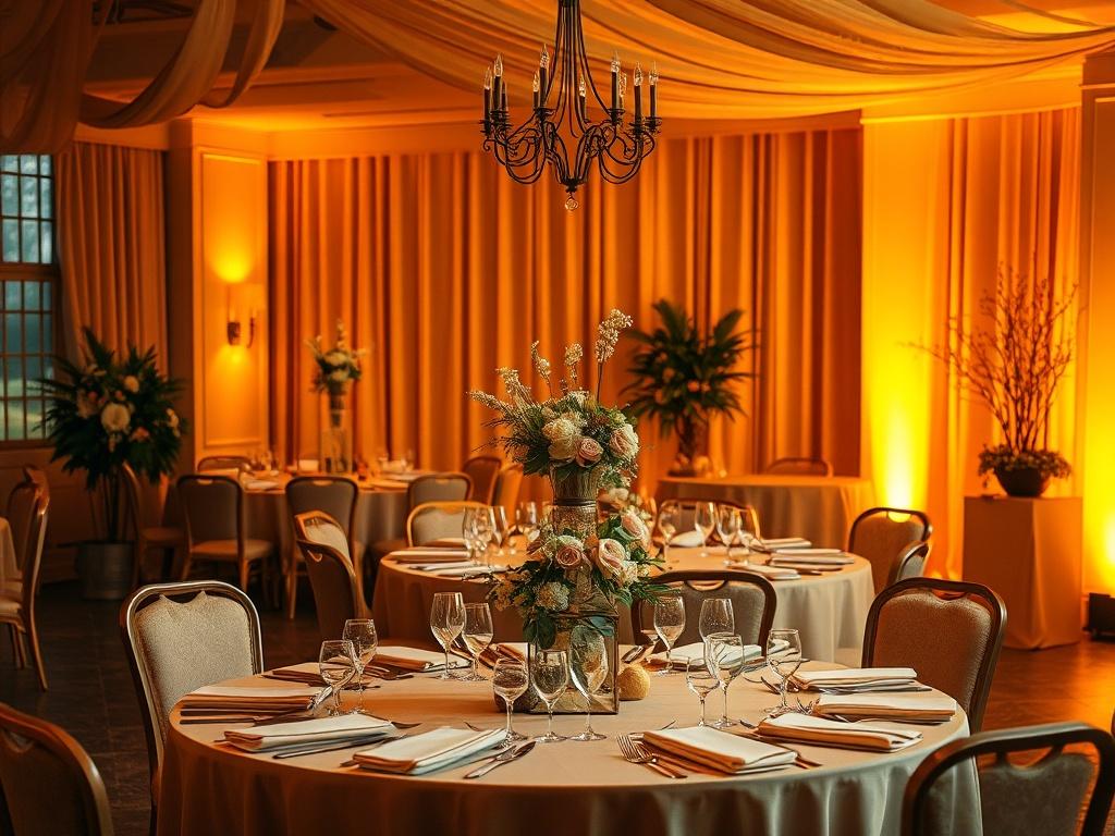 A serene, cozy room with soft golden lighting, featuring a beautifully arranged table set for an event, decorated with elegant floral centerpieces and welcoming decor elements. The background should have warm hues, evoking a sense of comfort and inclusivity, with no text or abstract shapes.