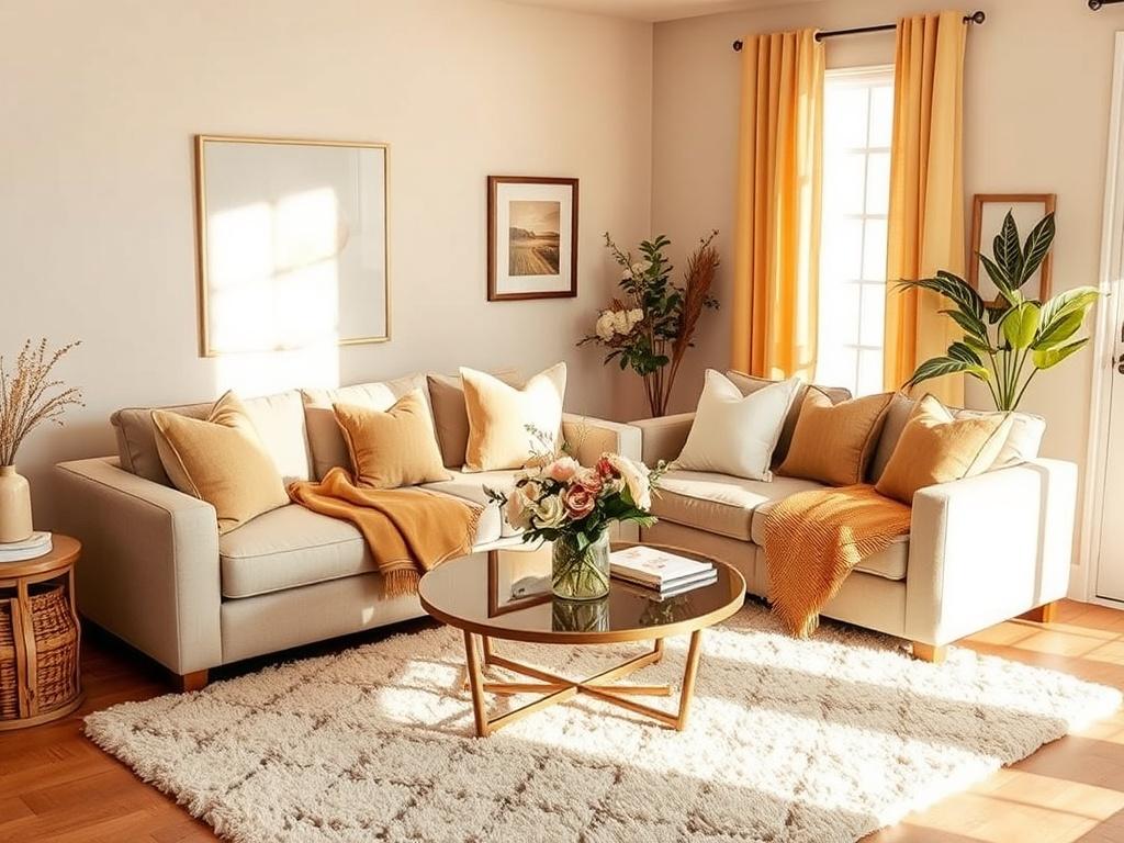 A beautifully staged living room featuring cozy golden hues and soft lighting. The room has a comfortable sofa adorned with decorative pillows, a stylish coffee table with fresh flowers, and a warm, inviting atmosphere. The walls are painted in soft, neutral tones, with tasteful artwork hanging. A plush area rug adds texture, and natural light streams in through a window, creating a serene and welcoming ambiance.