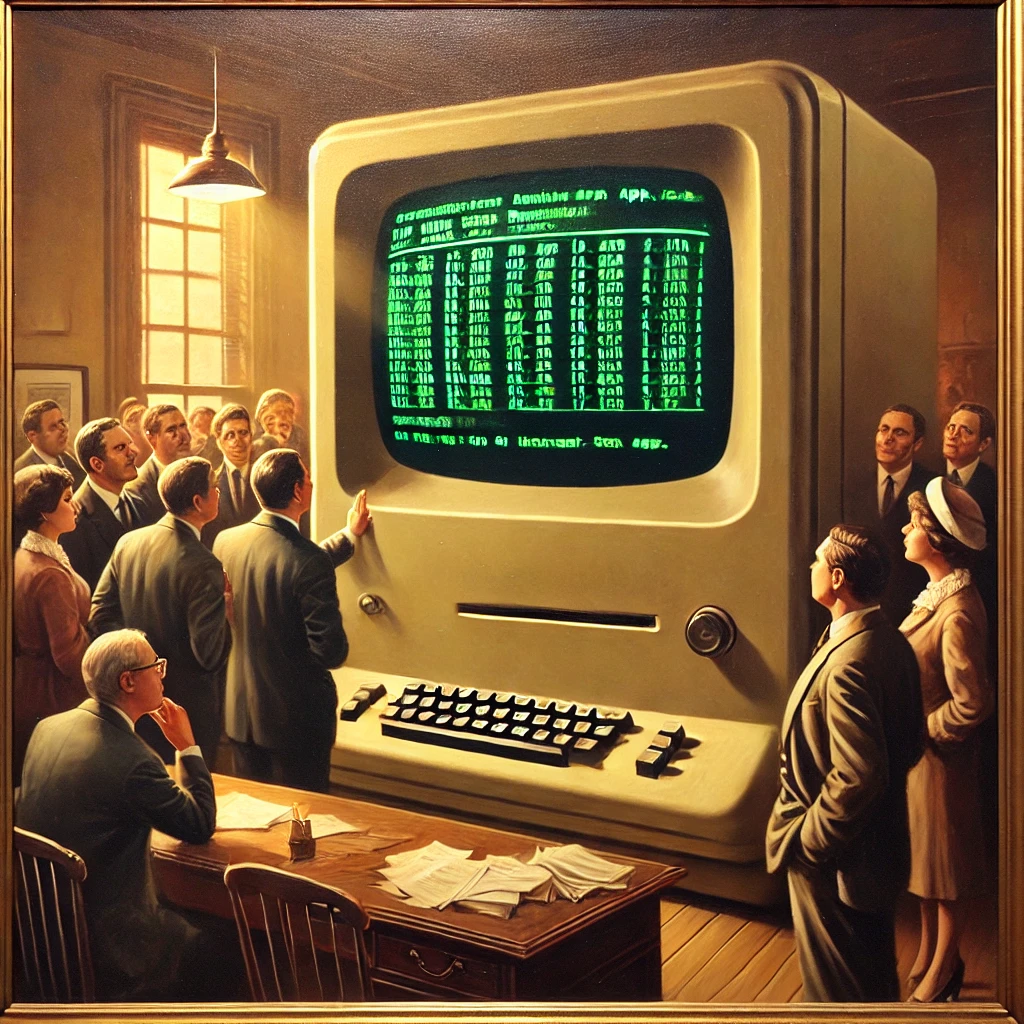 dall·e 2025-01-05 18.44.51 - an oil painting depicting a normal-sized vintage computer displaying an ancient text-based banking app. the computer screen is black with green text, .webp