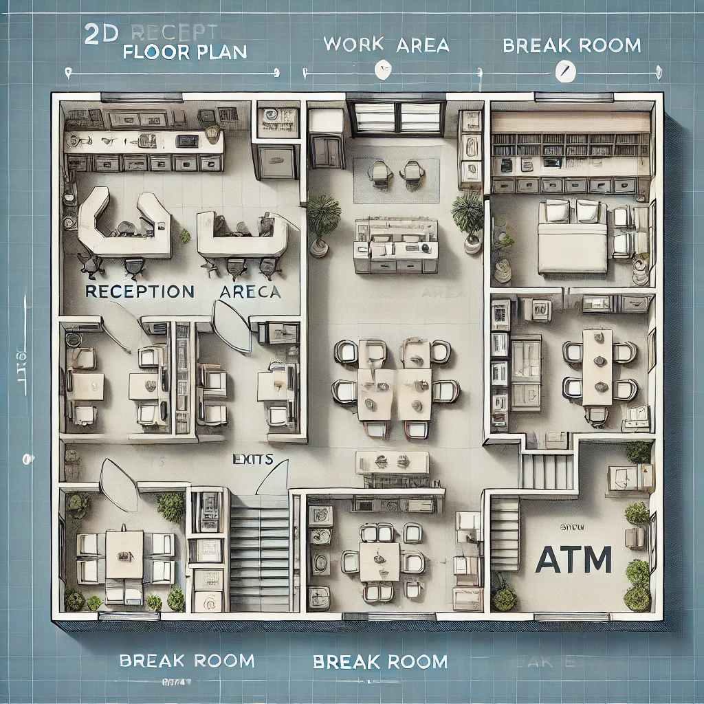 dall·e 2025-01-06 16.21.34 - a 2d office floor plan with labeled sections, including a reception area at the main entrance, a large desk_workstation area with several desks arrang.webp