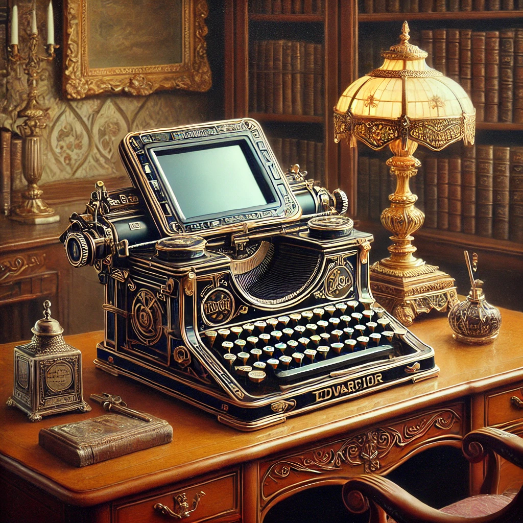 dall·e 2025-01-05 17.10.21 - an oil painting depicting an edwardian-style typewriter modified with a futuristic twist, featuring a small screen integrated into its design. the typ.webp