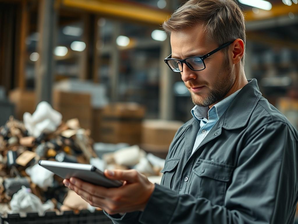A close-up shot of a professional analyzing waste materials with a digital tablet in an industrial setting, showcasing various types of waste like paper, plastics, and metals. The background should be softly blurred, emphasizing the subject's focused expression and the tablet's screen displaying data. Use hyper-realistic rendering techniques with natural lighting to create a vibrant, engaging image.