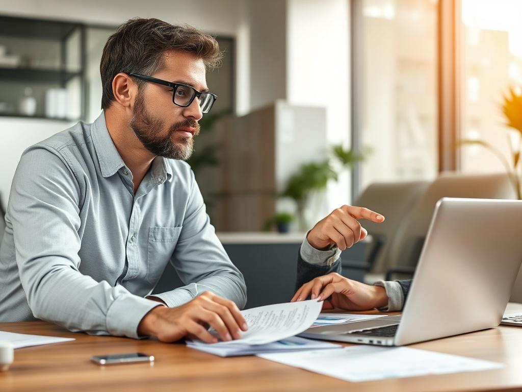 A close-up of a consultant discussing strategies with a new waste management entrepreneur in an office setting, with documents and a laptop open on the table. The entrepreneur appears engaged and curious, while the consultant confidently points to data on a screen. The background should be softly blurred, highlighting the interaction and professionalism of the environment. Use hyper-realistic rendering techniques with natural lighting to create an inspiring and collaborative atmosphere.