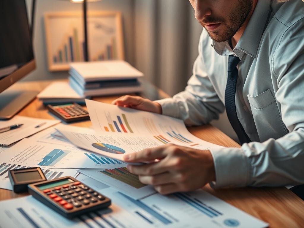 A realistic close-up of a financial consultant reviewing documents with waste management charts and graphs on a desk, surrounded by financial tools like calculators and reports. The background should be softly blurred to maintain focus on the consultant's engaged expression and the detailed paperwork. Use hyper-realistic rendering techniques with warm lighting to create an inviting and professional atmosphere.