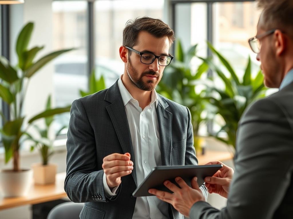 A close-up shot of a professional waste trader discussing options with a client in a modern office setting. The focus is on the trader holding a digital tablet displaying waste trading statistics. The background shows a clean, organized workspace with green plants and natural light, emphasizing a professional and eco-friendly atmosphere.