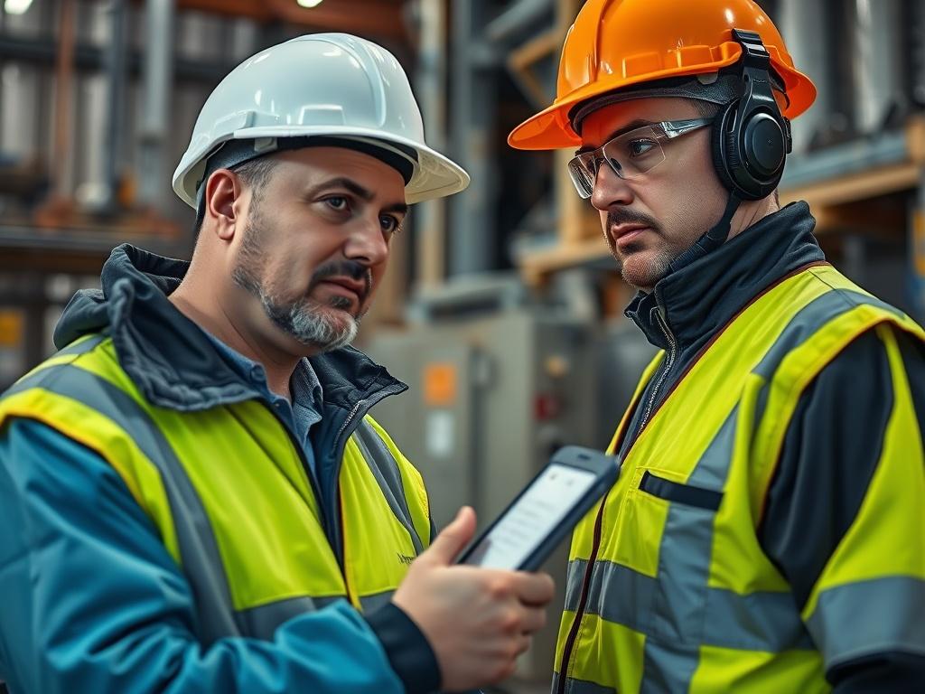 A close-up shot of a safety consultant conducting a risk assessment at a waste management facility. The consultant is wearing safety gear and examining safety equipment. The image should highlight the importance of workplace safety with a focus on the consultant's expressions and the surrounding environment, captured in hyper-realistic detail with a 45mm f/1.2 lens.