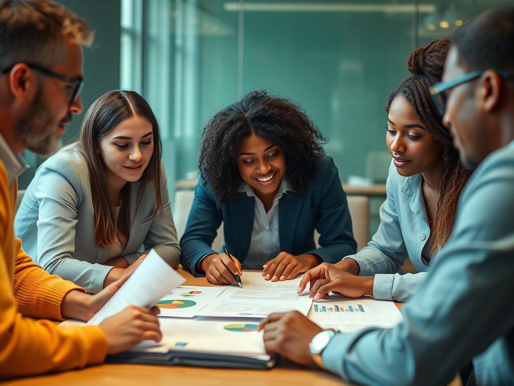 A hyper-realistic close-up shot of a diverse group of entrepreneurs collaborating around a table filled with waste management plans and strategies. The focus is on their engaged expressions and the documents they are examining. The background is softly blurred to emphasize the teamwork and innovative spirit in waste management start-ups, with a color palette incorporating shades of green to reflect sustainability.
