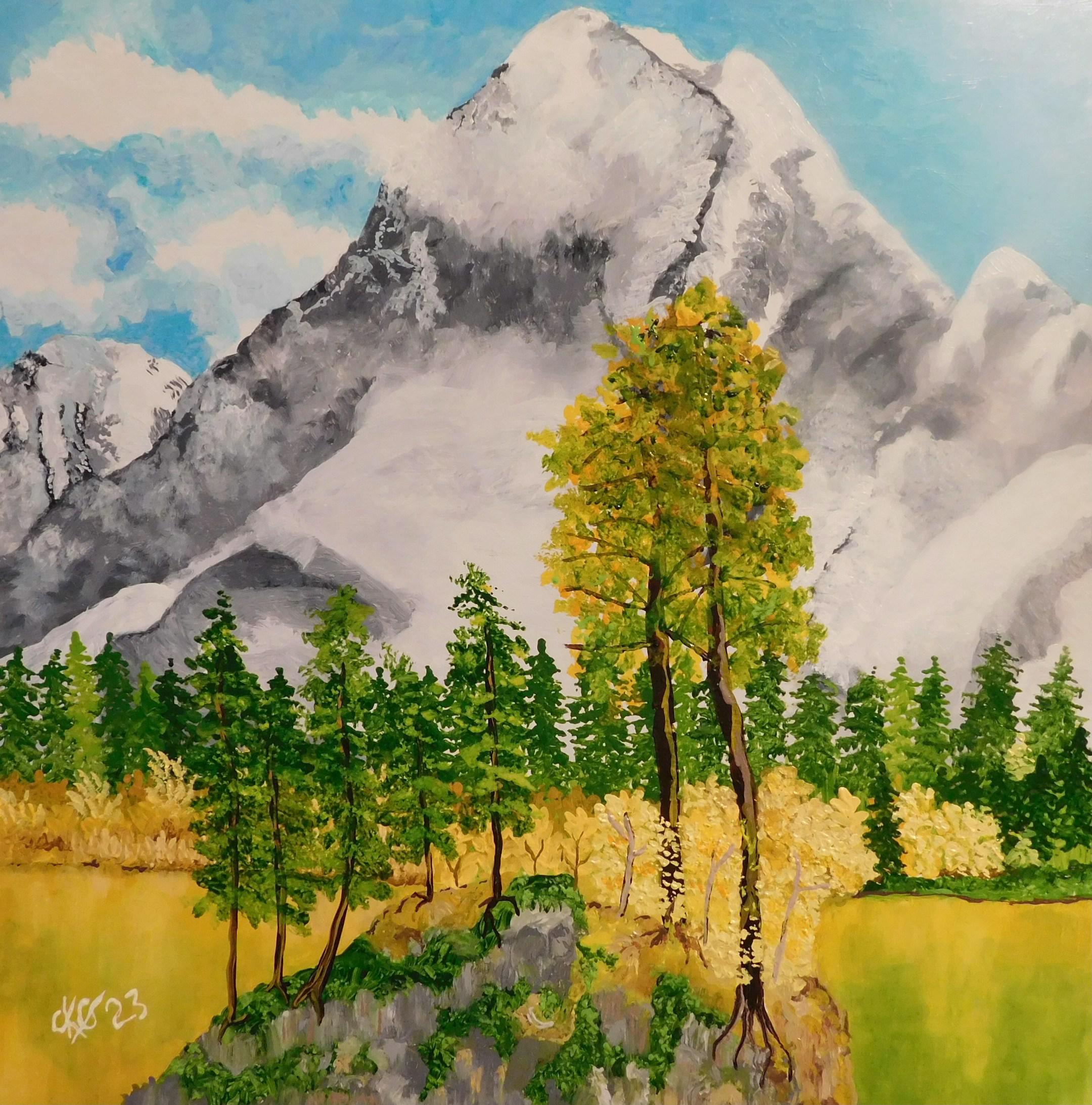 Oil painting of snow covered mountains. With pine trees and a lakeside bathed in sunlight. Golden Autumn at its best. Painted on strong MDF Board. This painting is ready to frame. I love mountain scenery with its clear clean air that makes you rest better at night. This is how our world should be cared for. Not built upon by lines and lines of holiday hotels and smothered in car parks and takeaways. Real wealth and real health both mental and physical means that this is where mankind fares best. Living clos