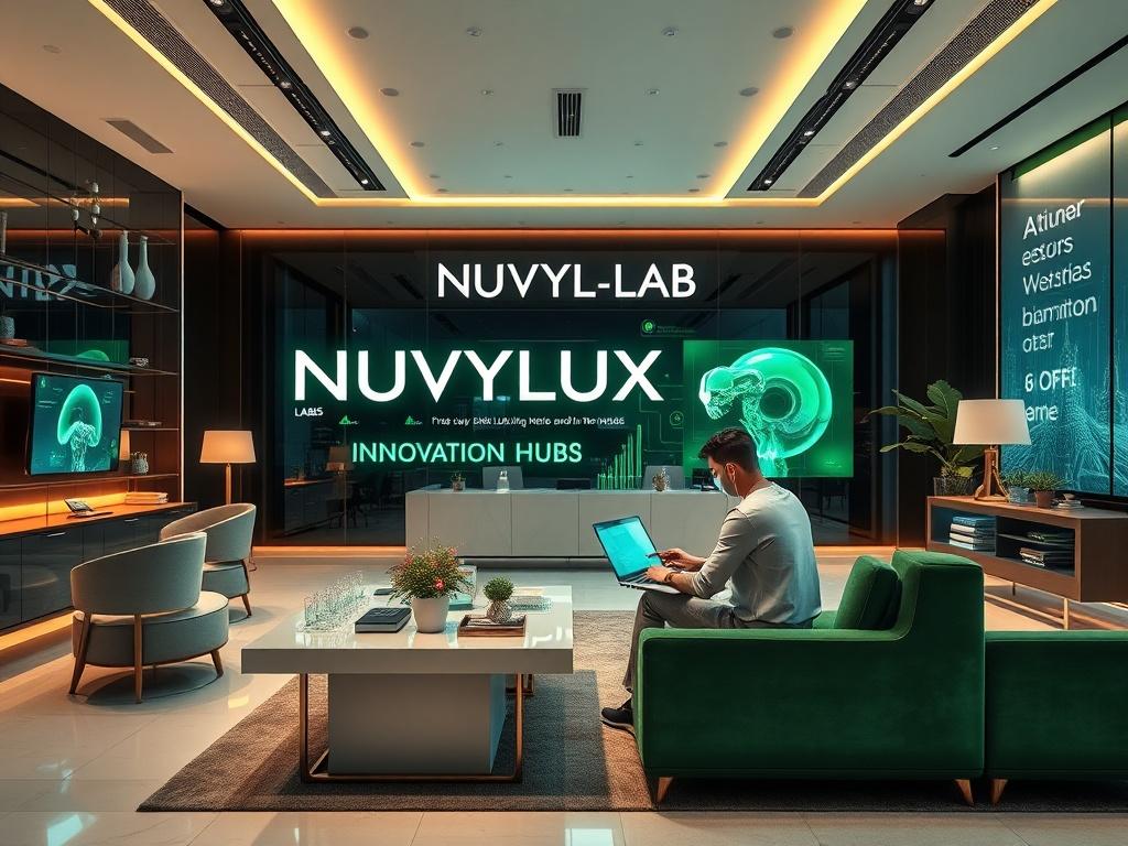 A sleek, modern workspace showcasing the NUVYLUX LABS innovation hub with high-tech digital tools and AI models displayed prominently. The setting is filled with sophisticated design elements, including elegant furniture and ambient lighting. A single creative professional is engaged in work, using advanced technology, with a backdrop that reflects innovation and inspiration. The color palette features tones of green, symbolizing creativity and growth, harmonized with luxurious textures.