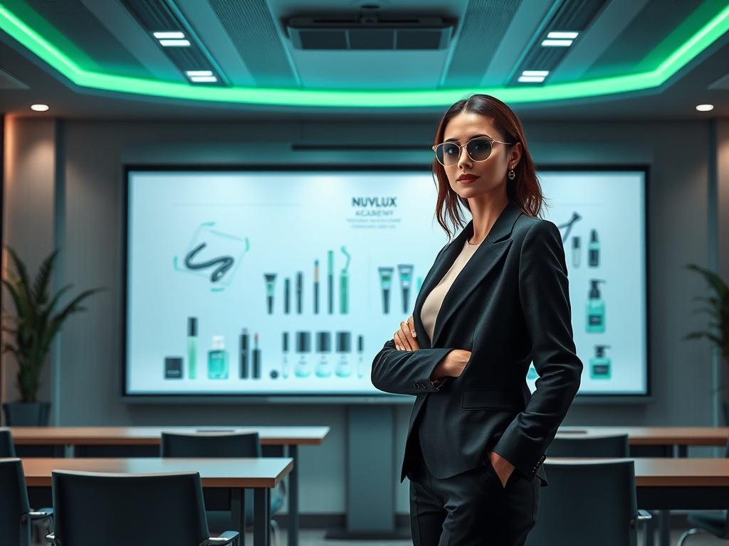 A sophisticated and luxurious scene depicting a modern classroom setting at NUVYLUX ACADEMY. The composition should focus on a stylish mentor standing confidently in front of an elegant whiteboard, showcasing futuristic technology and beauty tools. The background should feature sleek, contemporary design elements, with soft lighting that enhances the atmosphere of innovation and sophistication. The overall color scheme should resonate with the primary green hue, reflecting a sense of growth and creativity.