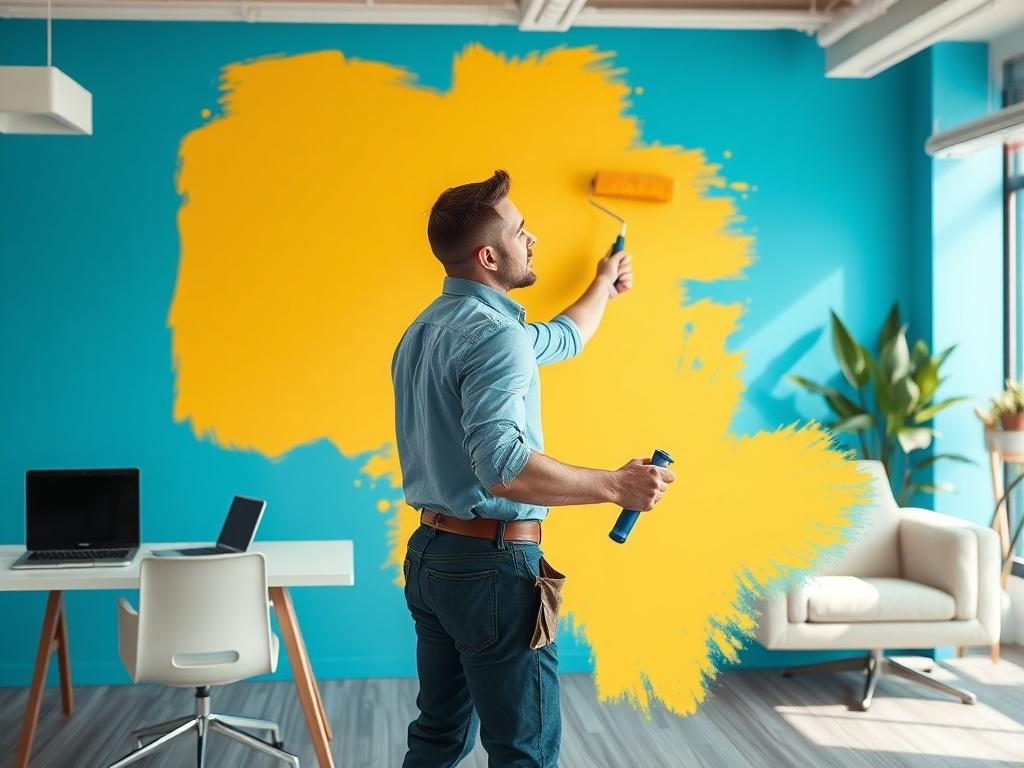**AI Image Generation Prompt:**

Create a realistic high-resolution photo that captures the essence of a professional office painting service in an Orange County business environment. The focal point should be a skilled painter passionately applying a fresh coat of paint to an office wall, showcasing a vibrant and energizing color scheme that reflects productivity and creativity. 

The painter, dressed in professional attire, should be positioned centrally in the frame to emphasize their expertise. Ensure t