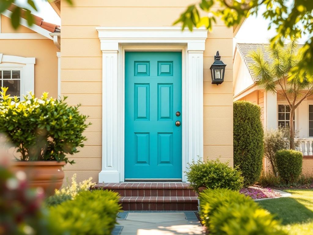 **AI Image Generation Prompt:**

Create a highly detailed, hyper-realistic high-resolution photo that captures the essence of neighborhood painting trends in Orange County. The composition should be simple and clear, featuring a single subject: a beautifully painted front door of a residential home. The door should be a vibrant color, showcasing an eye-catching hue like bright teal or sunny yellow, with fresh paint glistening under the daylight. 

In the background, softly focus on well-kept greenery, manic