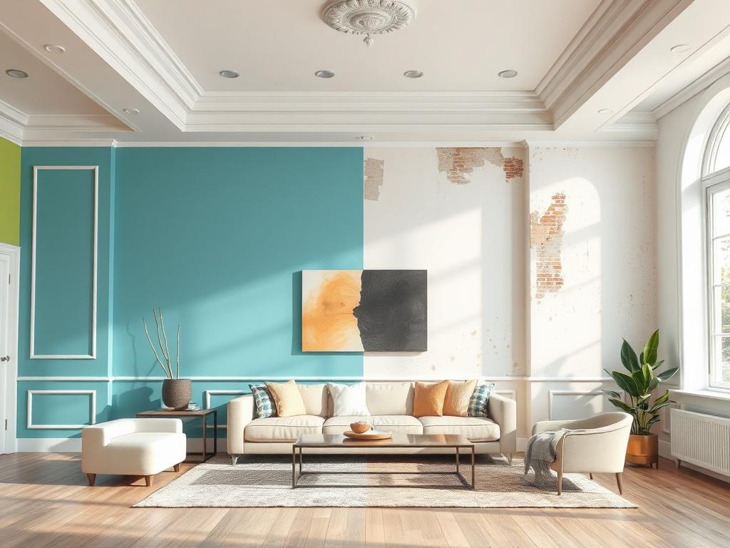 Create a realistic high-resolution photo of a beautifully painted interior room showcasing two distinct sections to visually represent the theme of varying interior painting costs. 

**Composition:** Present a spacious living room divided into two halves, each featuring a different paint job but clearly exhibiting the same dimensions. Arrange the image to draw attention to the differences in color, texture, and detail between the two sections. One half should display bright, fresh paint with meticulously fi