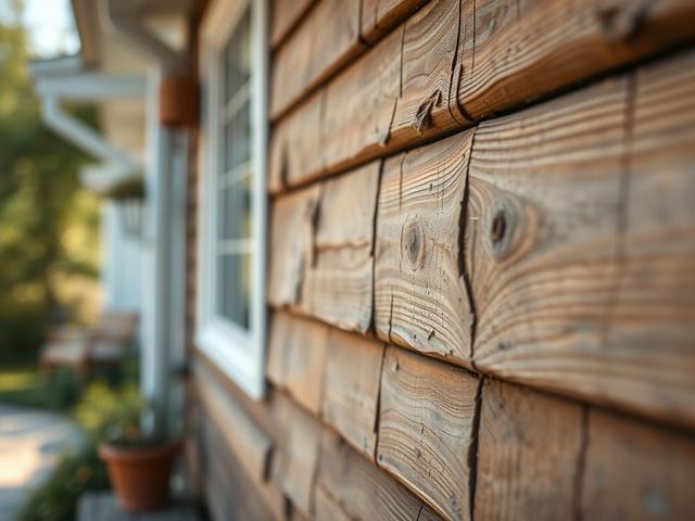 **Prompt for AI Image Generator:**

Create a realistic high-resolution photo that captures a close-up shot of a weathered wooden exterior wall of a home, showcasing clear signs of peeling paint and fading colors. Emphasize the texture of the peeling paint, with the wood grain subtly visible beneath. The primary focus should be on this single wall section, illustrating the severity of its wear and tear.

The background should be softly blurred to create a hyper-realistic depth of field (bokeh effect), ensuri