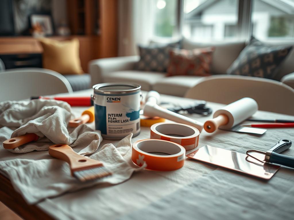 **AI Image Generation Prompt:**

Create a high-resolution, hyper-realistic image focused on the concept of painting preparation for homeowners. The composition should feature a single subject—a well-organized table covered with painting supplies. Include items such as a clean drop cloth, brushes, rollers, painter’s tape, a can of interior paint with the lid off revealing its color, and a scrapper tool. 

The background should be softly blurred, suggesting a home environment, perhaps with a hint of a living 