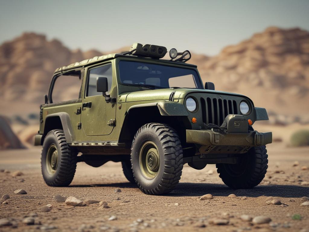 **AI Image Generator Prompt:**

Create a realistic, high-resolution photo depicting a Military PCS Jeep ready for shipping. The subject should be a rugged, camouflaged military Jeep, prominently placed in the foreground. Ensure the Jeep is parked on a clean, well-maintained loading dock, emphasizing its readiness for transport. The background should display a bright blue sky with a few fluffy white clouds, symbolizing a clear day, while hints of distant freight shipping containers can be subtly included to 