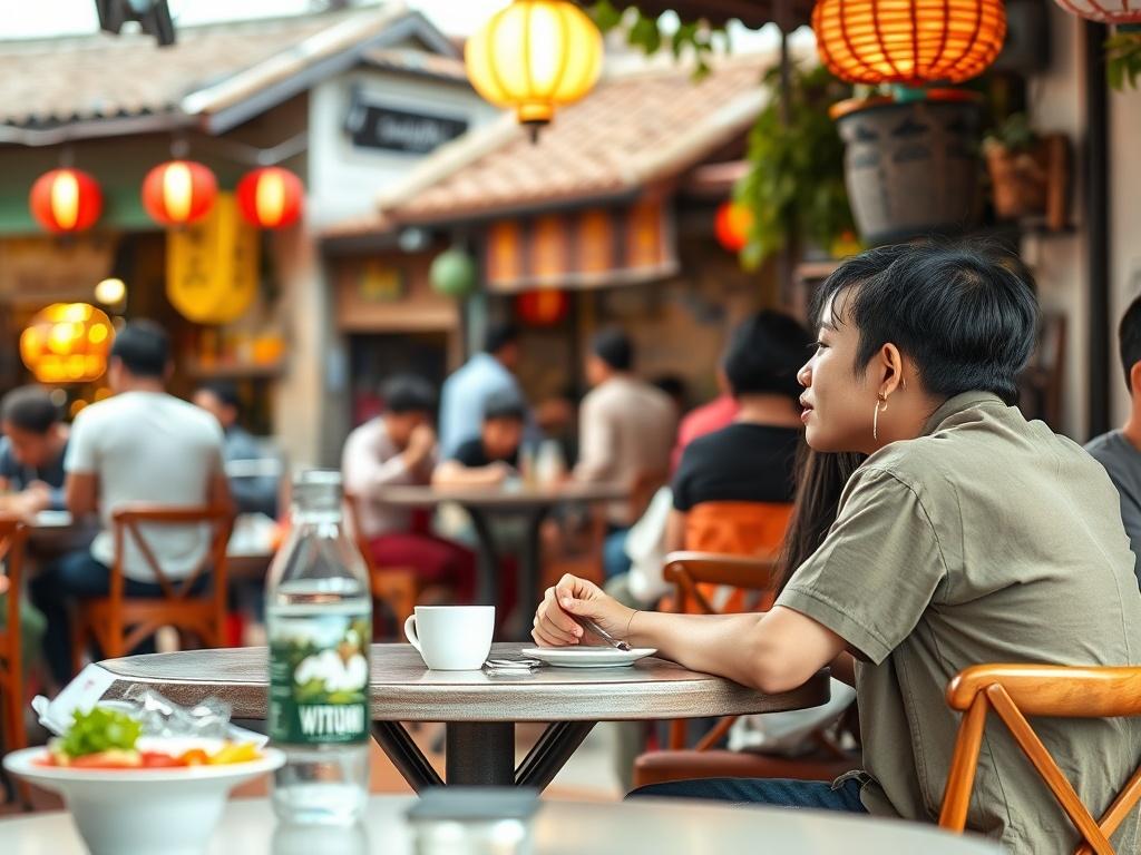 A Vietnamese student sitting at a cafe, engaged in conversation