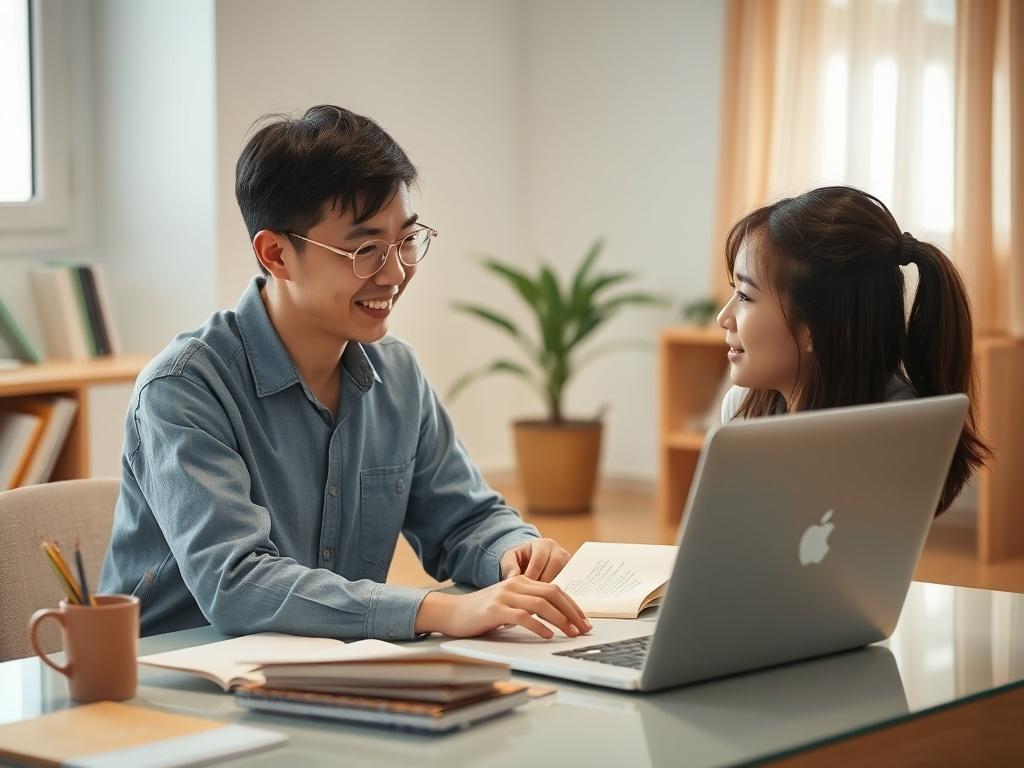 A focused Vietnamese student participating in an online English class,