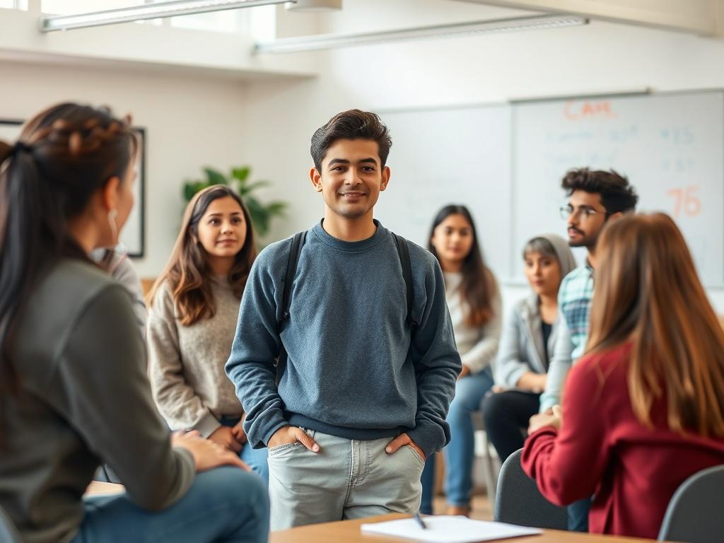 A lively workshop setting where a diverse group of students