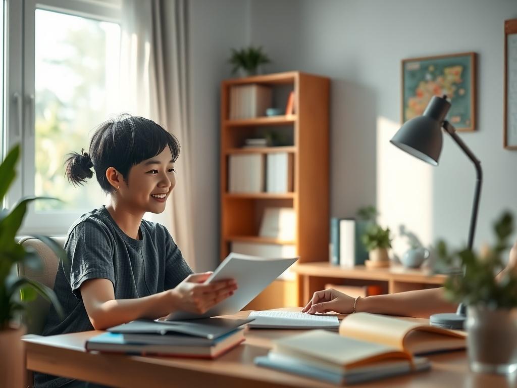 A serene learning environment featuring a Vietnamese student engaging with