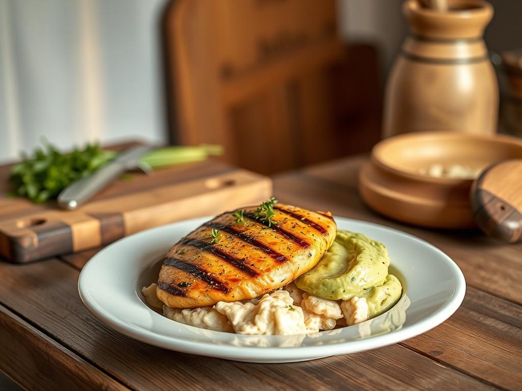 Create a realistic high-resolution photo that vividly represents the theme "Keto vacsorák a rohanó hétköznapokra." The composition should be simple and clear, featuring a single, beautifully plated keto dinner as the main subject. 

The dish should include vibrant, fresh ingredients such as grilled chicken with a sprinkle of herbs, sautéed green vegetables, and a side of creamy avocado or cauliflower puree, artfully arranged on a rustic wooden table. The background should be softly blurred to emphasize the 