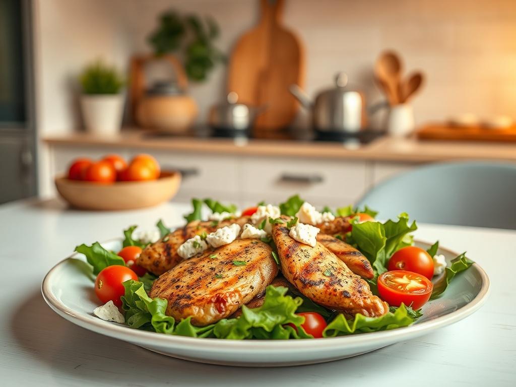 Create a realistic high-resolution photo that encapsulates the theme of "Keto vacsorák: Gyors és finom receptek." The composition should feature a beautifully plated keto dinner dish as the sole subject, showcasing vibrant colors and inviting textures. Use a clean white or wooden surface for the table to enhance the simplicity and clarity of the image. 

The dish should include a variety of keto-friendly ingredients, such as grilled chicken thighs, a vibrant green salad with avocado, cherry tomatoes, and a 