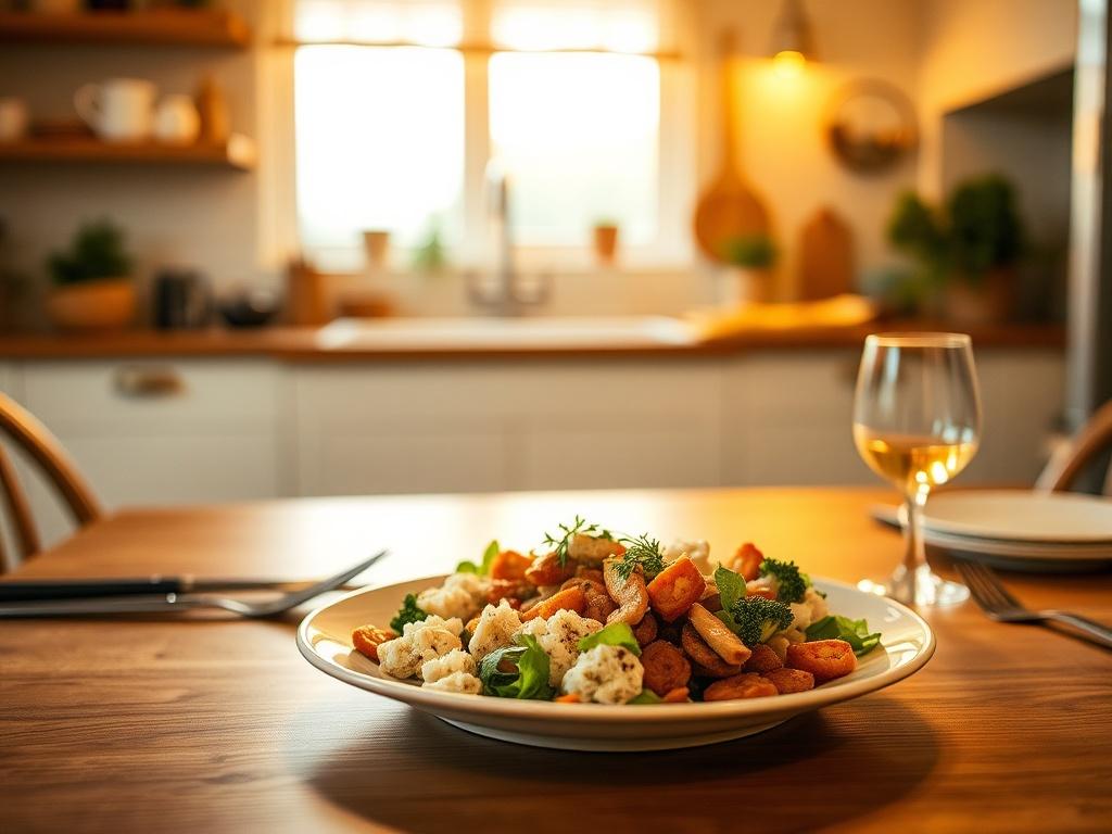 A beautifully arranged dinner table with a plate of keto-friendly food, soft golden lighting creating a warm and inviting atmosphere, with a cozy kitchen background that highlights the simplicity and appeal of quick keto meals.