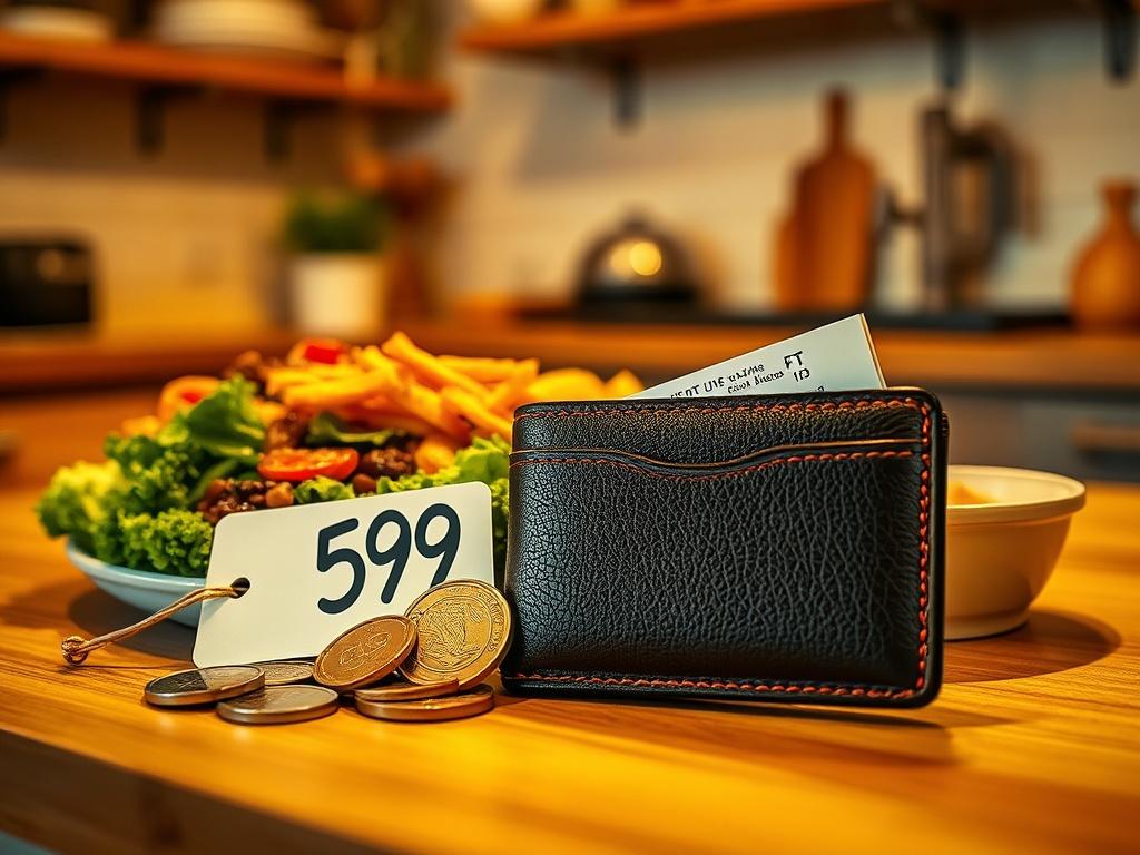 A wallet with a few coins and a price tag showing 590 Ft next to a delicious keto meal, set against a warm kitchen background that reflects affordability and value.