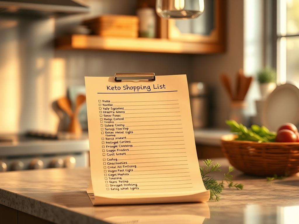 A neatly organized shopping list with keto ingredients written on it, placed on a kitchen countertop, with soft lighting to evoke a feeling of simplicity and ease in meal preparation.