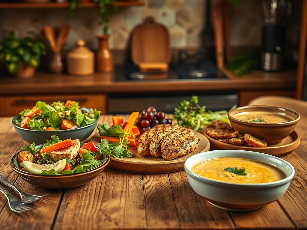 A cozy kitchen setting with soft lighting, showing a beautifully arranged wooden table with a selection of low-carb keto dishes, including a colorful salad, grilled chicken, and a creamy soup. The background features a warm, inviting atmosphere with herbs and kitchen utensils subtly placed.