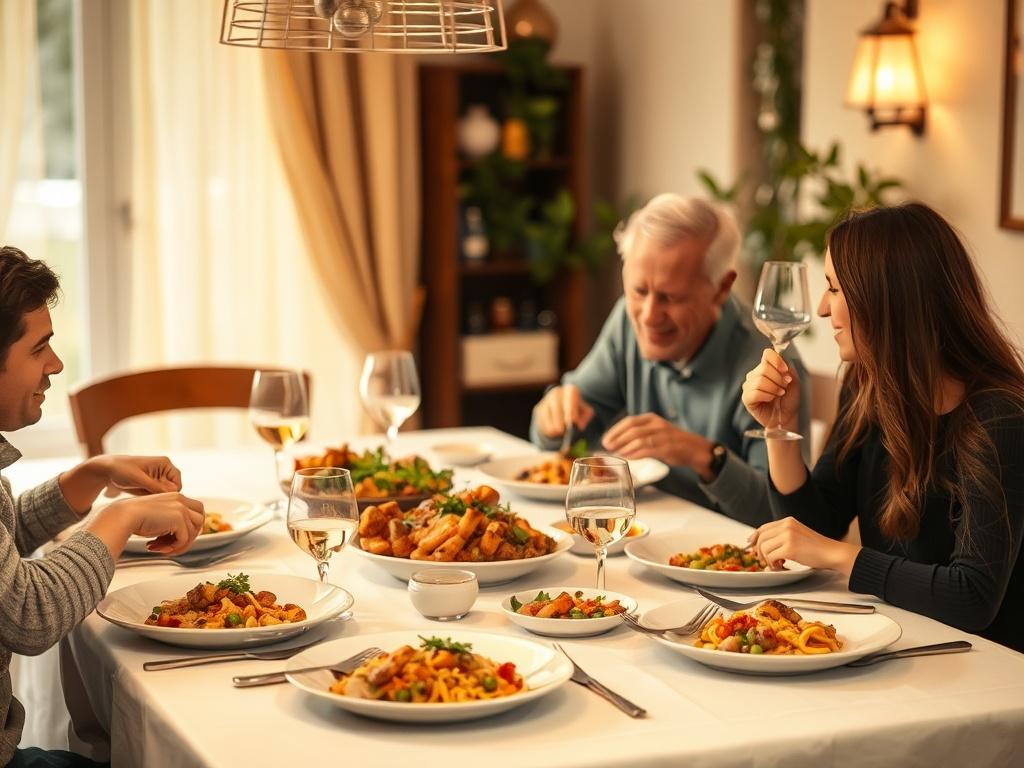 A serene dining table set for dinner, featuring beautifully plated keto dishes, surrounded by soft golden hues and gentle lighting. Focus on the delicious meals with a cozy ambiance, showcasing a family enjoying a meal together.