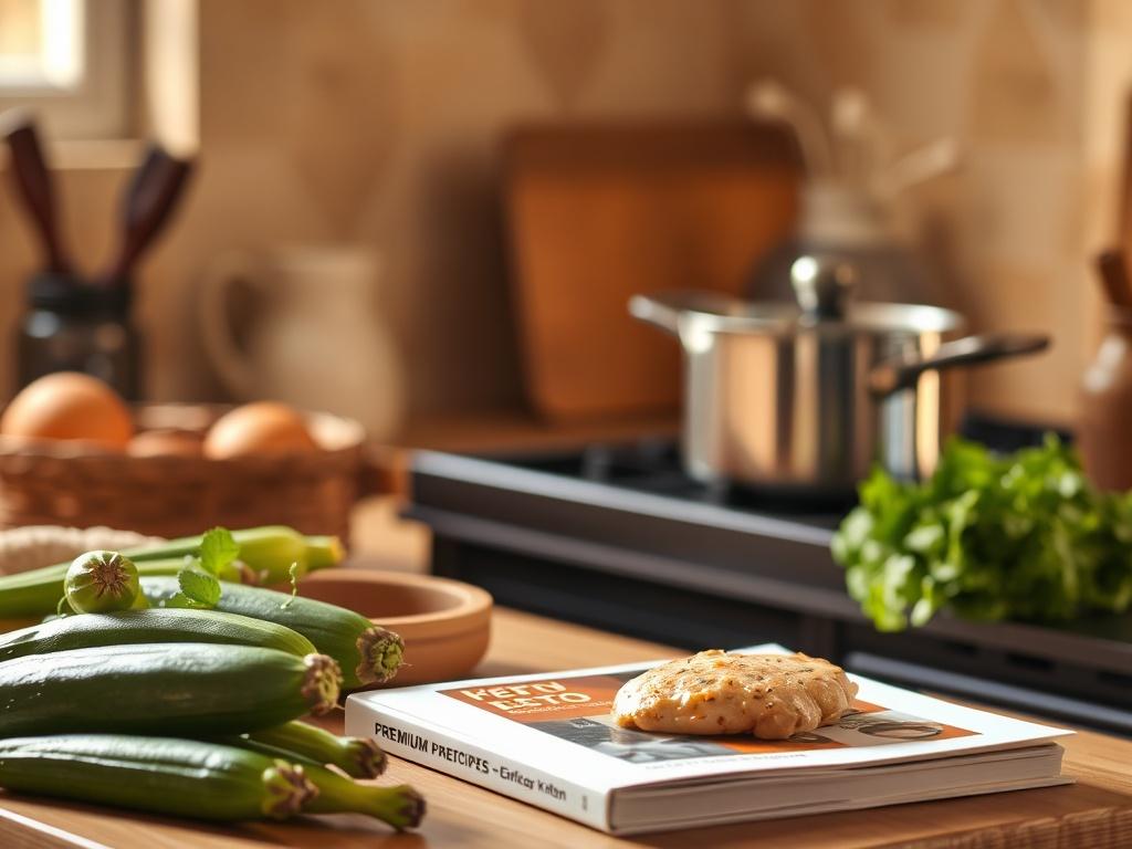 A serene kitchen environment with a PDF cookbook featuring premium keto recipes. The scene is softly lit with golden hues, showcasing a selection of fresh ingredients like zucchini and chicken. In the background, a pot is simmering, suggesting a delicious meal in progress, creating a warm and inviting atmosphere.